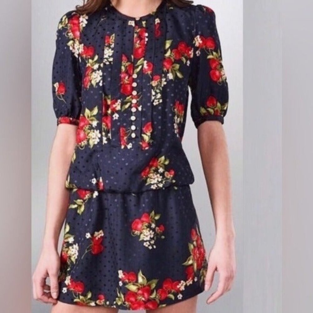 Juicy Couture Navy Floral Mini Dress with Red & Green Accents